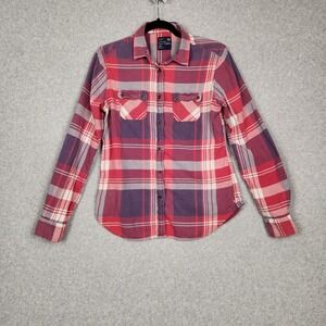 American Eagle Shirt Womens Medium Red Purple Plaid Flannel Button Front Casual